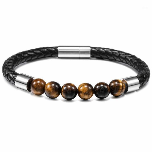 

stone bead leather rope bracelet rock hip-hop rock street culture true leather rope man bracelet fashion trendy men jewelry gift1, Golden;silver