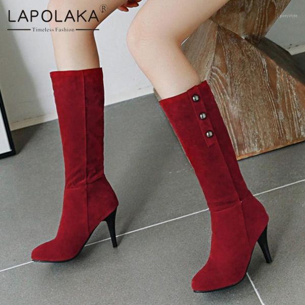 

boots 2021 lapolaka big size 43 metal decoration button super high heels women shoes pointed toe ladies boots1, Black