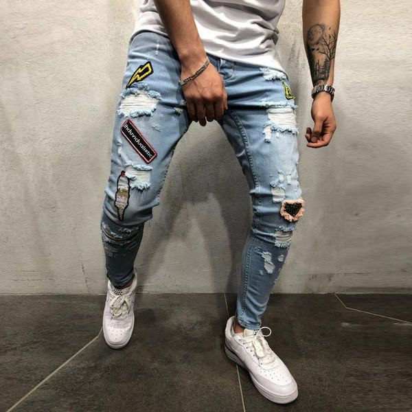 

men's jeans fashion distressed print pocket denim pants men joggers 2021 mens straight korean hip hop trousers plus size, Blue