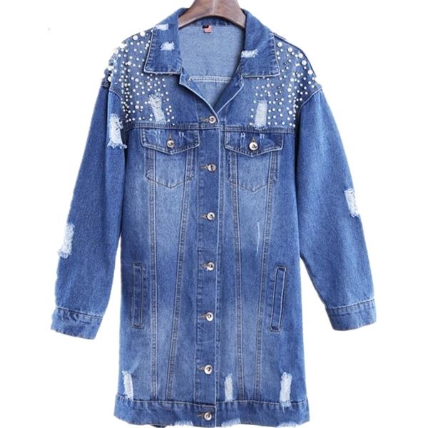 

new bead denim jackets women hole long sleeve vintage jean jacket loose denim coat 1026, Tan;black