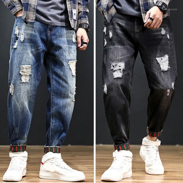 

new plus size men skinny jeans harem pants men's tide brand hole beam loose washed jeans male denim pants1, Blue