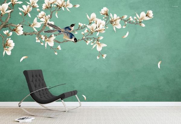 

cjsir custom 3d wallpaper mural new chinese classical hand-painted magnolia flower pen and bird background wall paper decor1