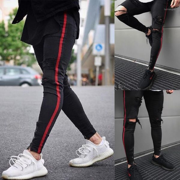 

mens ripped knee hole jeans black streetwear side red striped skinny pencil pants man hiphop elastic jean trousers ankle zipper1, Blue