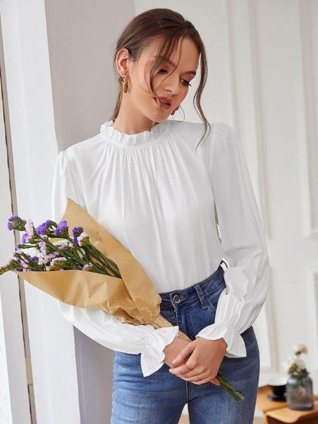 

solid frill neck flounce sleeve blouse t9it#, White