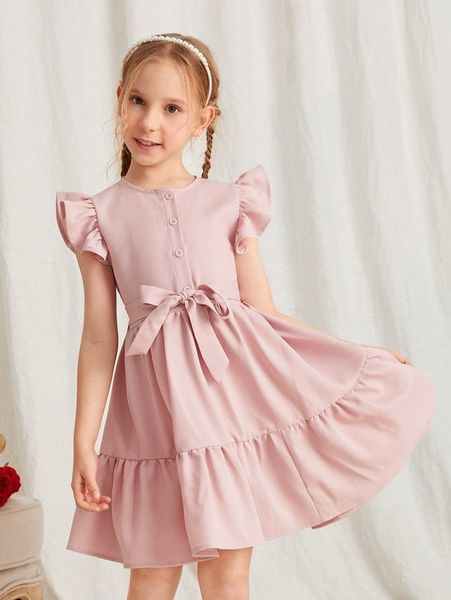 

girls butterfly sleeve belted ruffle hem dress she, Red;yellow