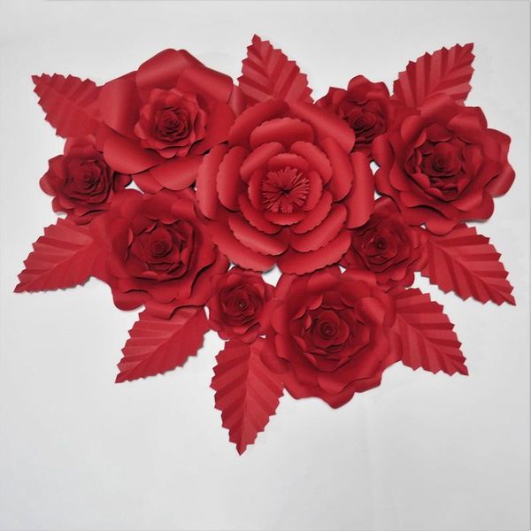 

2020 giant paper red rose artificial flowers backdrop 9pcs + 8 leaves for wedding & event decor baby nursery retail store deco