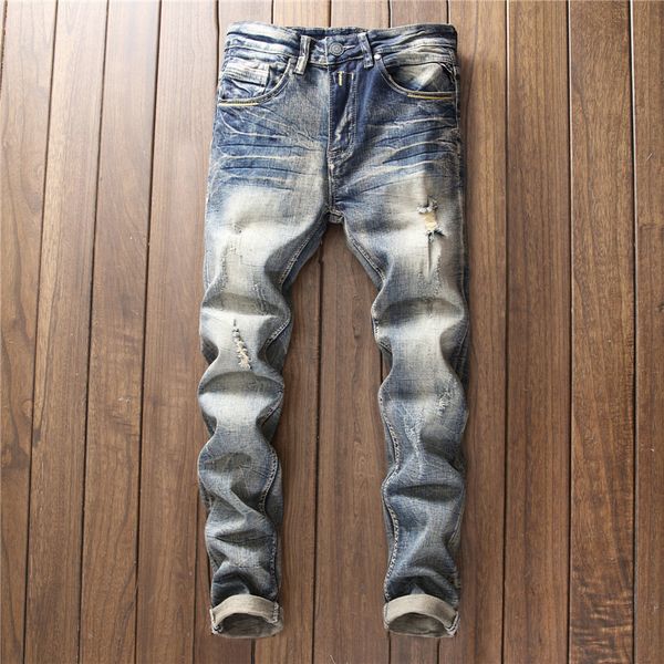 

2021 new hip hopdesign brand jeans for men's straight fashion hole ripped distressed moto bike vintage jean plus size s507, Blue