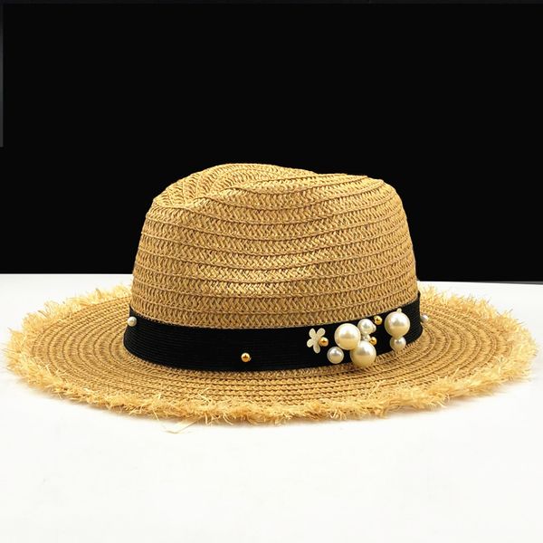 

new raffia jazz straw hat summer spring women's trip cap leisure pearl beach sun hats black breathable fashion flower girl hat, Blue;gray
