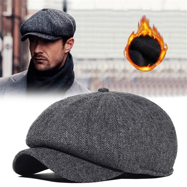 

men newsboy cap winter thick vintage herringbone octagon cap women casual stripe berets gatsby flat hat 201216, Blue;gray