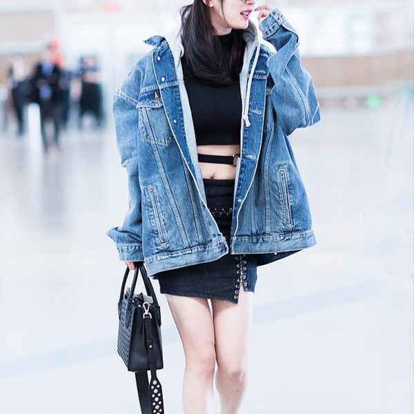 

chaqueta jeans mujer fashion warm new abrigos mujer invierno 2019 removable cap in the long loose denim jacket lovers1, Black;brown