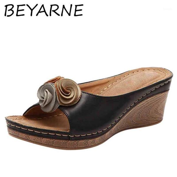 

slippers beyarne sandalias mujer 2021 summer women handmade sandals ladies shoe leather flower retro style mother1, Black