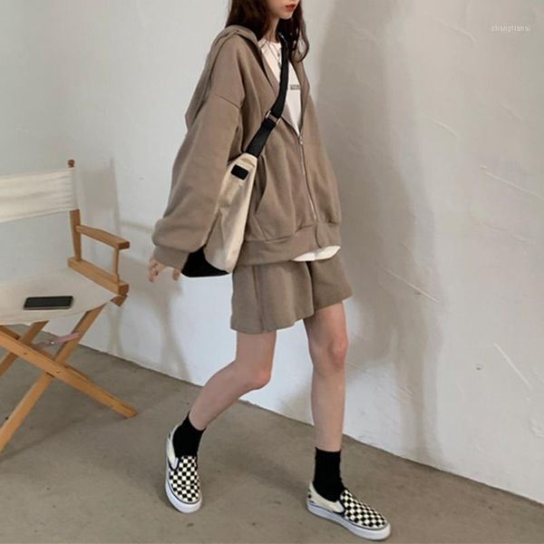 

2020 new autumn winter women sets two pieces set zip up hoodies and shorts oversized ladies tracksuit suits1, Gray