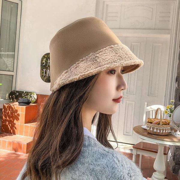 

bucket hat women autumn/winter suede fisherman hat warm stitching lamb hair fashion basin men, Blue;gray