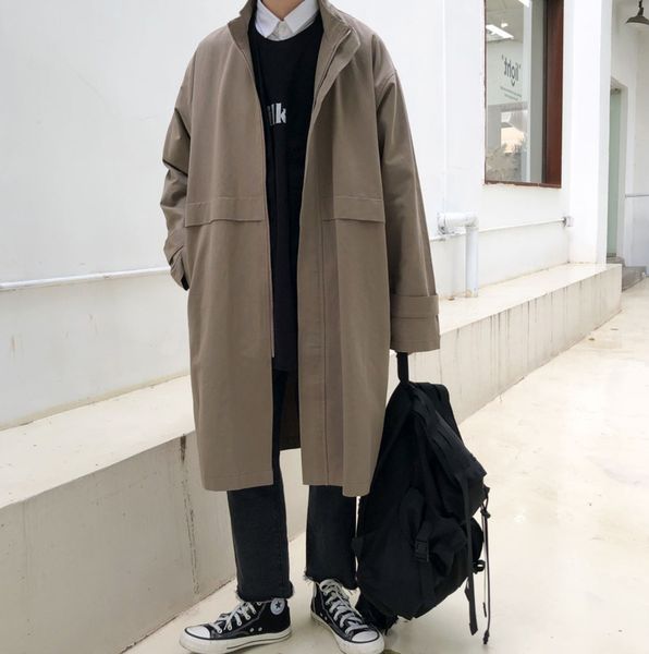 

2020 spring and autumn new youth popular men's loose solid color mid-length lapel windbreaker fashion casual all-match top, Tan;black