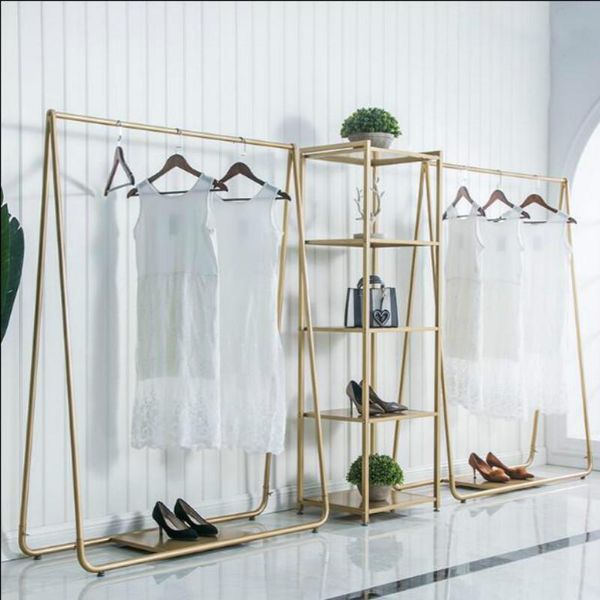 

hooks & rails clothing store display rack gold floor landed frame shelves iron art island clothes organizer