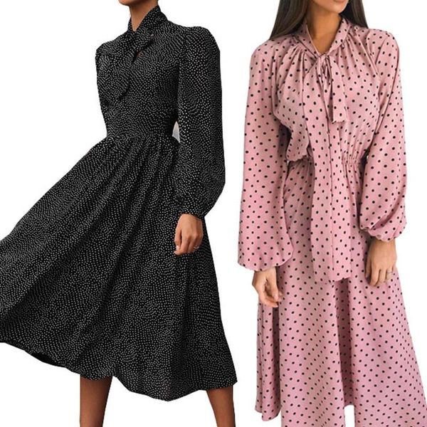 

women fashionable chiffon wave point printed long sleeve scarf neck midi dress, Black;gray