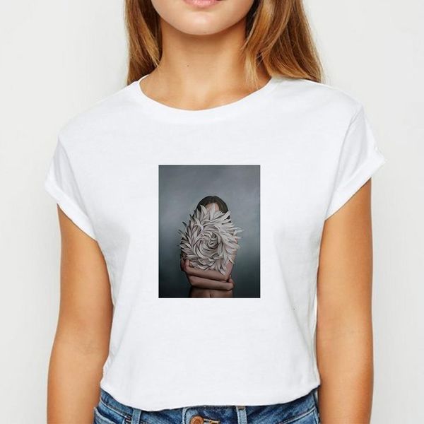 

fashion feather flower girl t shirt women hip hop streetwear graphic ropa mujer tshirt spring summer tee o-neck t-shirts, White