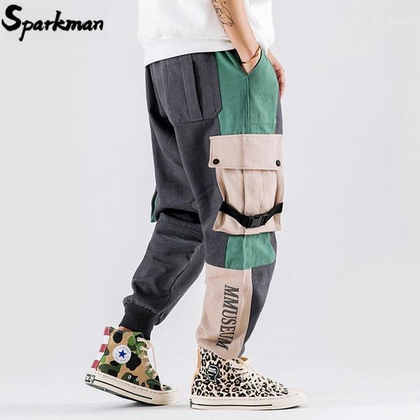 

men hip hip cargo pants streetwear color block patchwork 2019 harajuku pant jogger side pocket ribbon sweatpant trousers hipster1, Black