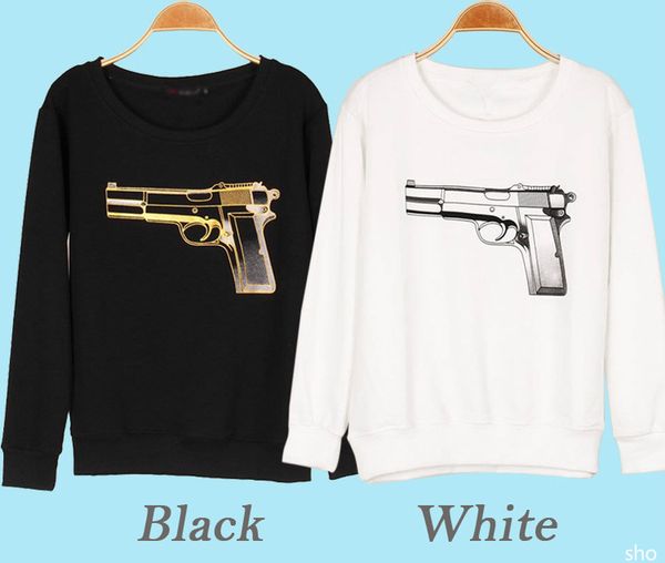 

fashion simple versatile silver pistol pattern long sleeve personalized couple's sweaters, Black