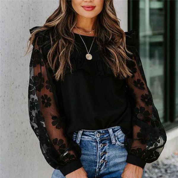 

spring autumn t-shirts fashion women o-neck long sleeve solid pullovers mesh patchwork lace ruffles see through tshirts, White