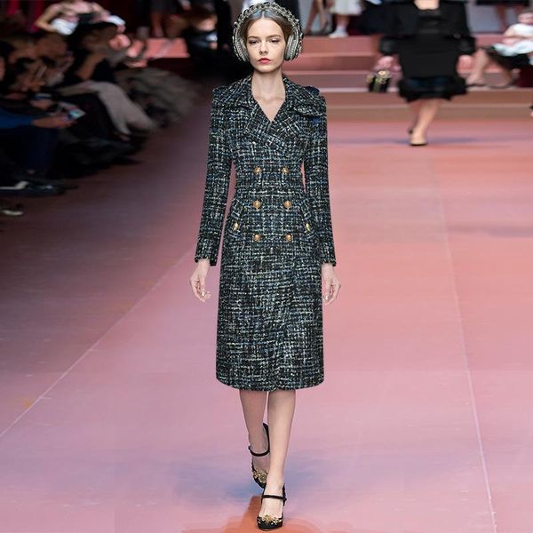 

lapel long sleeve lace up waist double breasted pocket mid long split plaid coat coat new fall / winter 2020, Black