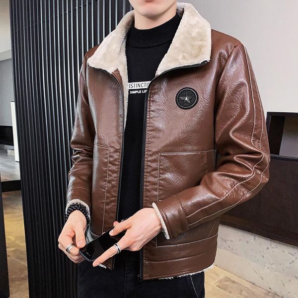 

2020 autumn winter faux leather jacket men wool liner thick windproof windbreakers fashion slim fit warm coat men plus size, Black
