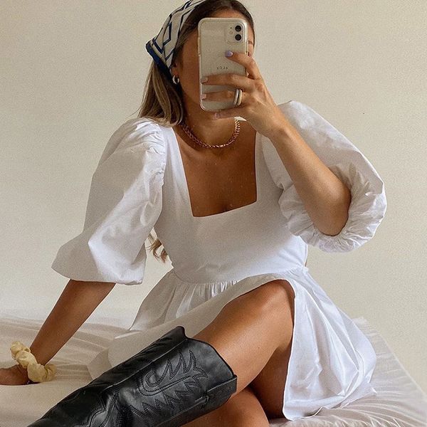 

women's short sleeve backless summer fashion square neck solid white mini es for women ladies, Black;gray
