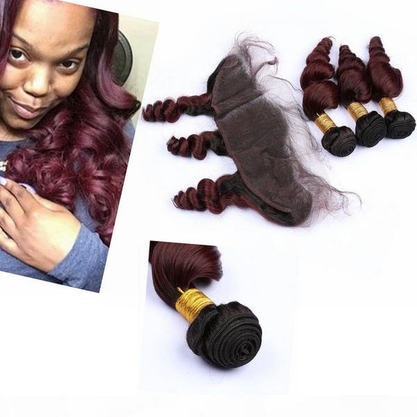 

ombre brazilian hair bundles with frontal closure dark root loose wave ombre hair bundles with closure #1b 99j, Black;brown