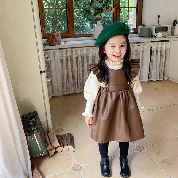 

girl's dresses 20 autumn and winter girls mid length dress sleeve pu leather suspender strap korean vestidos toddler ruch 1-8 yrs1, Red;yellow