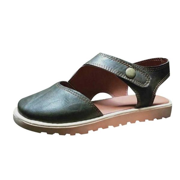 

vogue summer shoes for women round toe sandals retro button sandals flat bottomed shoe gladiator roman cover heel shoes may 25, Black