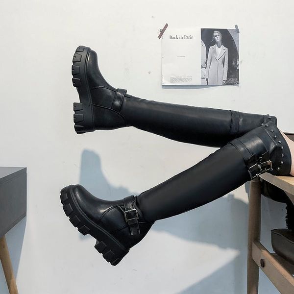 

boots wedge over the knee platform women chunky thigh high metal buckle thick sole black long punk shoes 20211