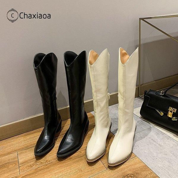 

CHAXIAOA Fashion Women Winter Shoe Western Mid-Calf Boots Pu Leather Boots Pointed Toe Mid Heel Goth Boot Botas De Mujer X351, Black
