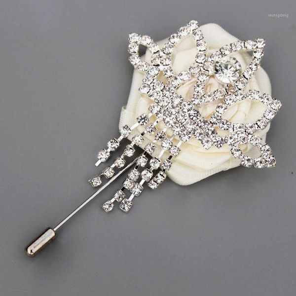 

wedding ivory boutonniere for men satin ribbon rose groom buttonhole silver tassels lapel pin brooch party accessories xh1801
