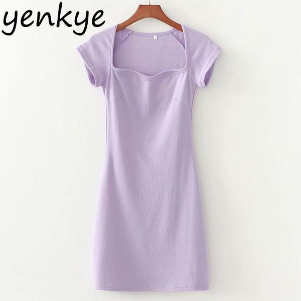 

casual dresses solid color rib knit elastic dress women square neck short sleeve bodycon mini summer vestido xdwm30731, Black;gray