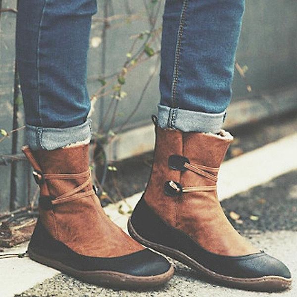 

women retro punk boots autumn winter pu leather mid-calf boots flat snow ladies short plush strap vintage botas mujer, Black