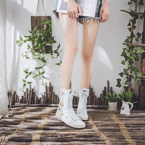 

zipper canvas shoes women boot lace-up mid calf boots flat heel female casual shoes high-boots flats students size 43, Black