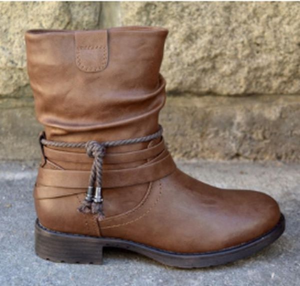 

boots women mid-calf low heels shoes woman booties vintage pu leather matin shoe chaussures femme zapatos mujer sapato k0021, Black