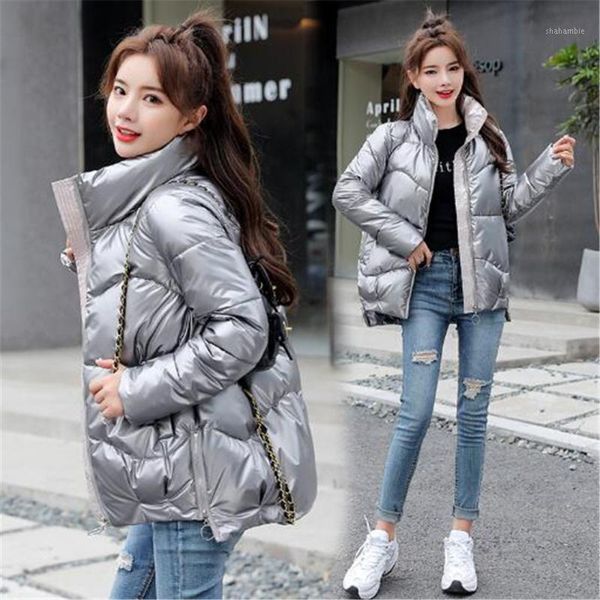 

2020 winter new women's bright face down cotton padded jacket version bread stand-up collar padded jackets cotton coat1, Black