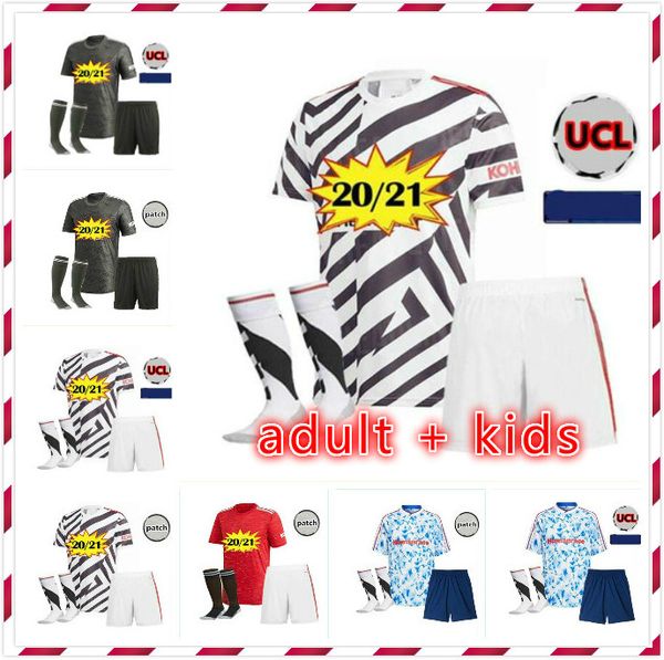 

взрослый + детский комплект манчестер 2020 2021 bruno fernandes cavani van de beek united soccer jersey rashford детские майки человек футбо, Black;yellow