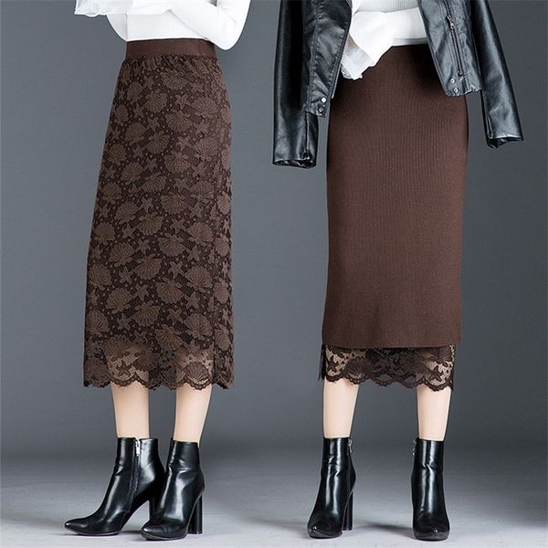 

autumn and long section jupe femme two sides wearing lace midi split bag hip wool winter skirt y200326, Black
