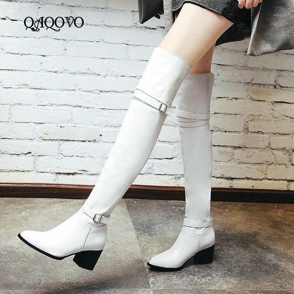 

boots fashion pu leather over the knee women comfortable thick high heels thigh buckle pointed toe slip on high1, Black