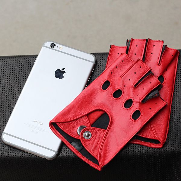 

fashion genuine leather gloves men fingerless sheepskin mittens autumn winter half finger leather driving gloves male agc001 201020, Blue;gray