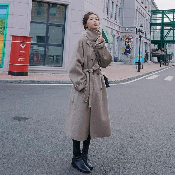 

women's wool & blends winter coat women fashion stand collar belt two threading methods double breasted classic overcoat warmness y182, Black