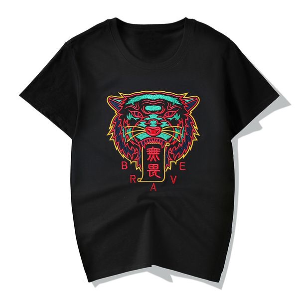 

summer 2020 new style chinese tiger embroidery solid cotton round neck t-shirt 1021, White;black
