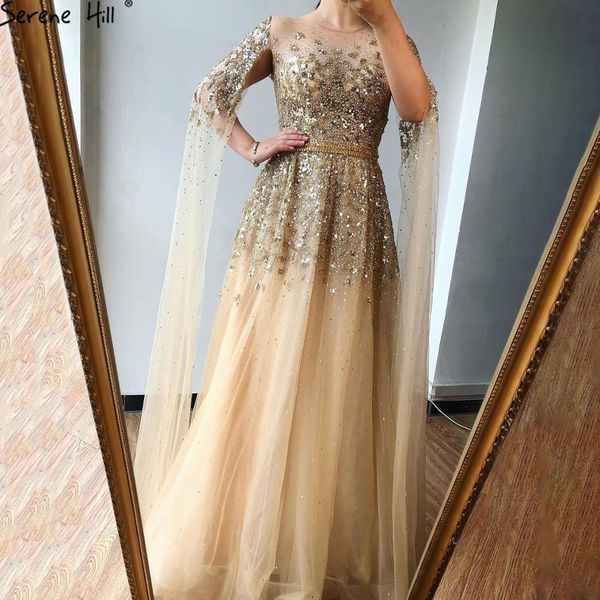 

serene hill dubai gold luxury o-neck evening dress 2020 sequins crystal with cape sleeves formal party gown lj201123, White;black