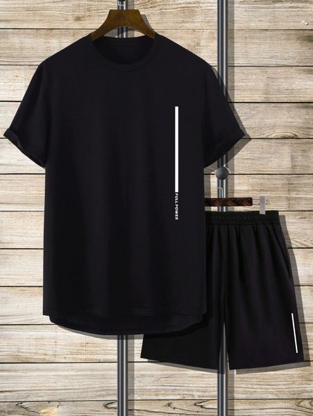 

men letter graphic contrast panel high low hem tee & shorts r09i#, Gray