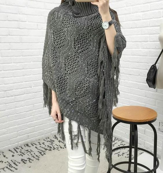 

scarves fashion stole long poncho scarf high neck tassels sweater warm shawl women winter cozy spain shining knitted wraps, Blue;gray