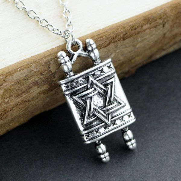 

chains star of david amulet necklace torah scroll religious men pendant necklaces vintage link chain jewelry gifts for male, Silver