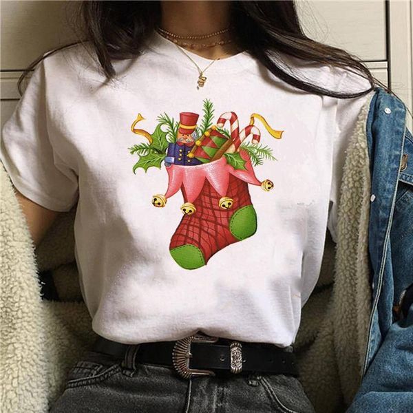 

womens fashion christmas sock printed tshirts cartoon holidays tree merry christmas t-shirt female tee shirt camisas mujer, White