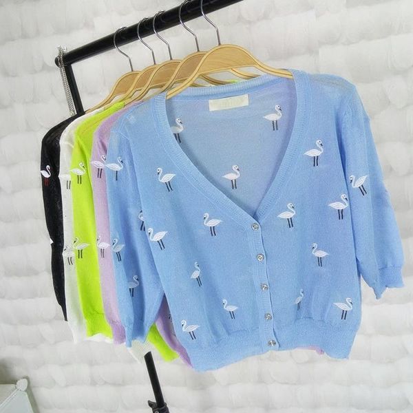 

v neck ice silk embroidery swan thin women cardigan knitted sweater shrug three quarter crochet female v neck woman cardigans 1676, White;black